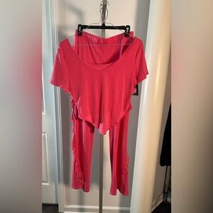 Women's Pink 2 piece outfit cropped top fringe pants XL